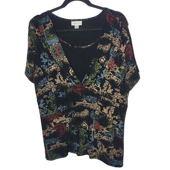 Coldwater Creek Womens Faux Mock Layer Printed Blouse Size Large Stretch Slinky - Picture 1 of 9